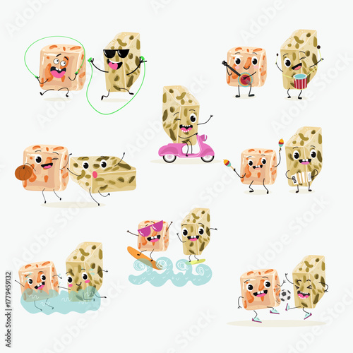 Tasty nougat, turkish delight, Halva confection, funny characters, hand drawn vector illustration.
