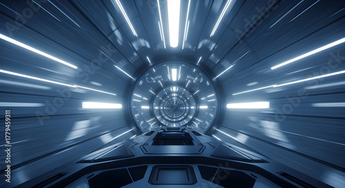 Fototapeta Naklejka Na Ścianę i Meble -  Futuristic sci fi space station corridor with blinding white lights and metallic walls