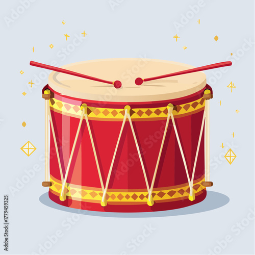A vibrant cartoon drum with drumsticks, ready for musical performance, decorated with gold accents.