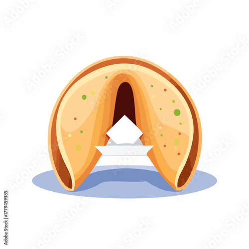 An illustrated golden fortune cookie with a blank white paper fortune sticking out, isolated on a white background.