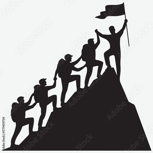 Silhouettes of hikers climbing a mountain and planting a flag at the summit