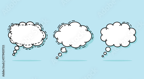Three hand-drawn cartoon thought bubbles with dotted outlines float on a light blue background.