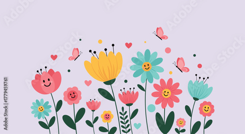 A whimsical illustration of happy cartoon flowers and butterflies on a soft lavender background.