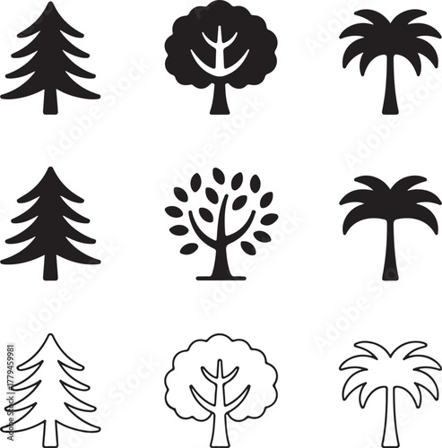 Set of Nine Minimalist Tree Icons with Transparent Background silhouette nature