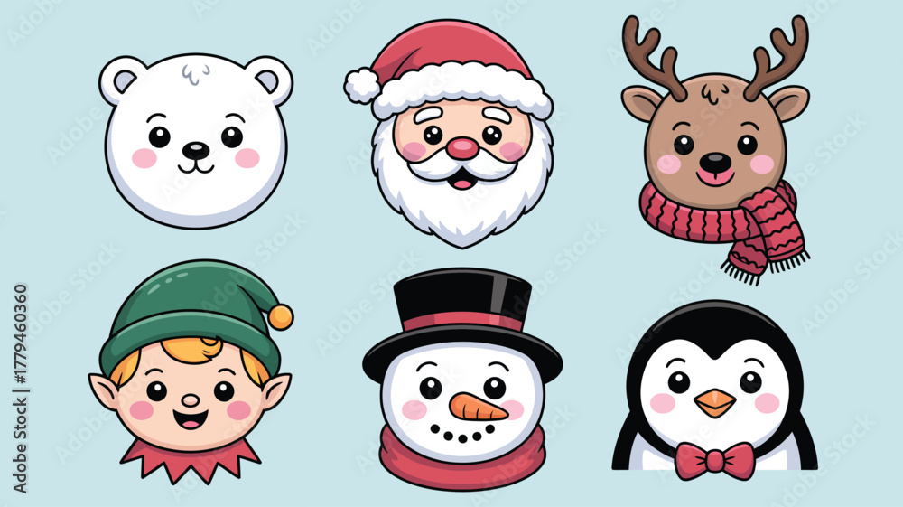 Obraz premium Set of six festive cartoon characters including Santa, polar bear, reindeer, elf, snowman, and penguin in colorful winter holiday style