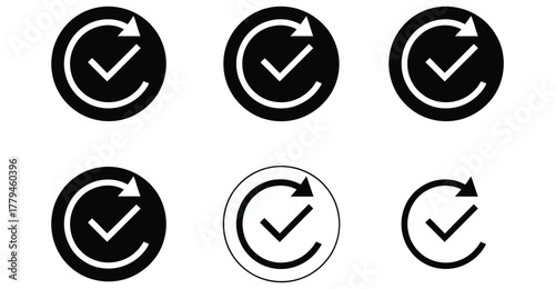  Set of six circular checkmark icons with clockwise arrows in varied stroke styles, minimalist design for progress, completion, or approval