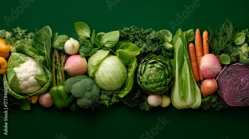 Assortment of fresh vegetables including cabbage carrots and leafy greens