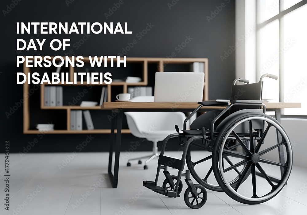 Fototapeta premium International day of persons with disabilities represented by a wheelchair in an office setting, symbolizing accessibility and inclusion in the workplace