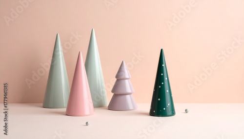 Minimalist pastel Christmas trees arranged on a soft peach background, evoking modern holiday elegance and serene festive charm.