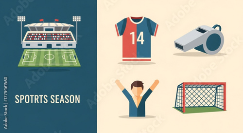 Soccer Stadium with Jersey, Whistle, Goal and and Celebrating Player