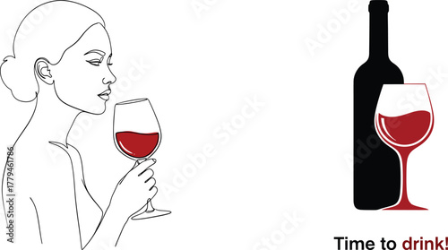 Woman drinking red wine from a glass next to a bottle