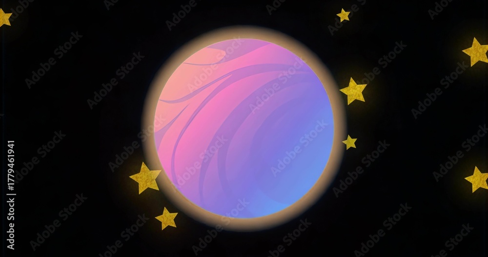 Fototapeta premium Floating pastel gradient sphere swirling pink and blue in cosmic void, with glowing golden stars