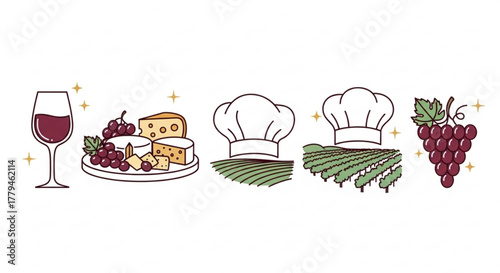 A delightful illustration showcasing a wine glass, cheese platter, chefs hat, vineyard, and grapes, perfect for culinary or winethemed designs