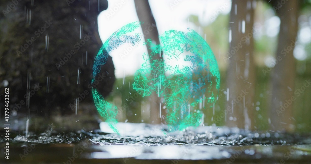 Fototapeta premium Hovering holographic green wireframe sphere above wet forest floor puddle, with falling raindrops