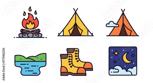 Camping icons set bonfire, tent, landscape, boots and night sky with moon and star summer camp vector illustration in flat style
