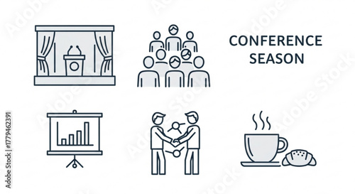 Conference season icons with stage, audience, presentation, handshake, and coffee business meeting vector illustration set