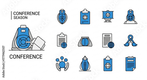 Conference season icons with badge, clipboard, presentation, and headset business meeting vector illustration set