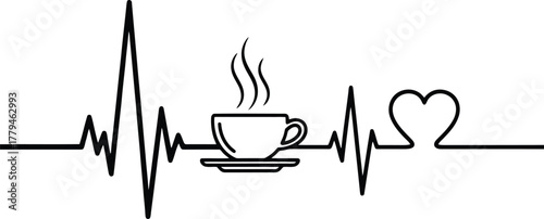 Coffee cup on heartbeat line with heart