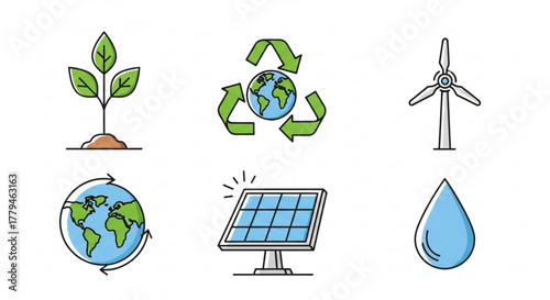 Ecology and environment vector icons set with plant, recycle, wind turbine, earth, solar panel and water drop