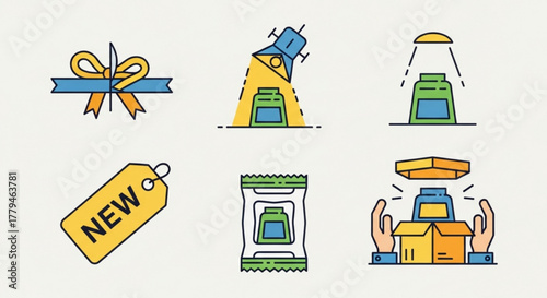 Collection of vector icons illustrating product unveiling, special offers, and new merchandise, featuring ribbon cutting, spotlight, price tag, and packaging