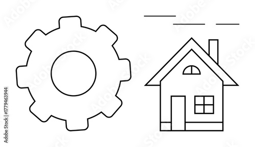 Gear and house outlines illustrating connection between technology and living spaces. Ideal for innovation, engineering, home automation, smart systems, process, housing, modern design. Simple flat
