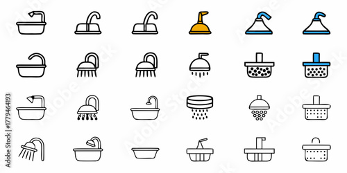 Collection of various types of bathtubs sinks and shower heads in a vector format illustration set