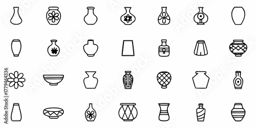 Collection of twenty seven vases and bowls in various shapes and designs in black and white outline style