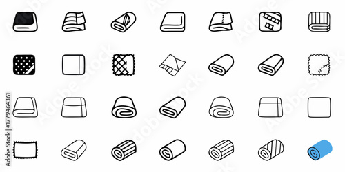 Illustration showing a collection of towels in various styles and folding arrangements in black and blue