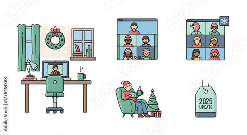 Illustration of a person working from home during the holidays, attending a virtual meeting, and relaxing by the christmas tree