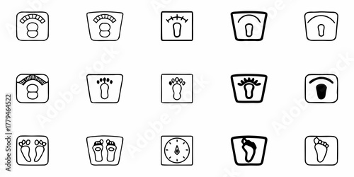 Collection of fifteen outlined weight scale icons with various foot and dial representations in black and white