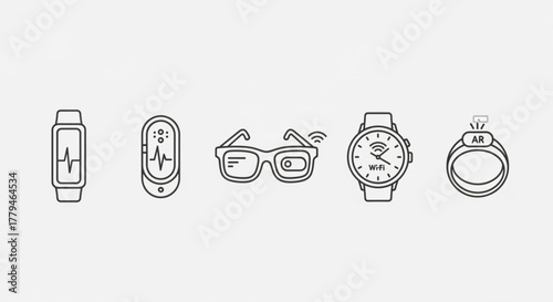 Minimalist outline of smart devices including watches, glasses, and rings on a, showcasing wearable technology and modern accessories