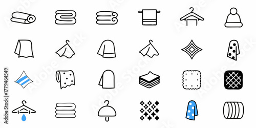 Illustration of various towels, hangers, cloths, and a beanie hat in a simple outline style design