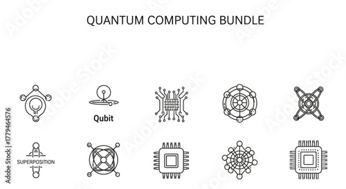 Quantum computing bundle line icon set modern technology, science, artificial intelligence, qubit, superposition, quantum processor, computer