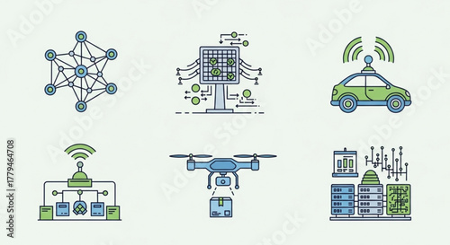 Illustration of a network, solar panel, selfdriving car, server, drone, and data center concept of future technology