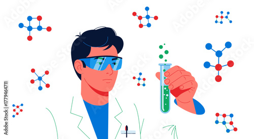 Scientist Conducting Laboratory Experiment with Chemical Compounds and Molecular Structures