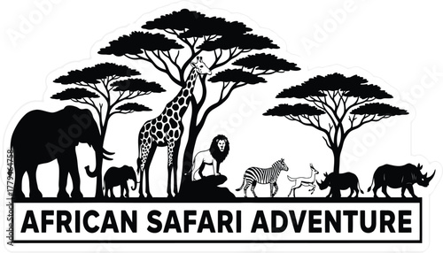 African Safari Adventure sticker logo with silhouettes of elephant, giraffe, lion, zebra, gazelle and rhinos under acacia trees, bold typography​
