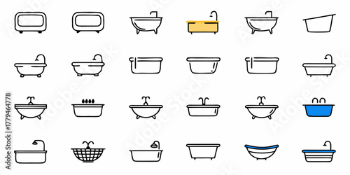 Illustration showing a variety of different bathtub designs in a simple line drawing style on white