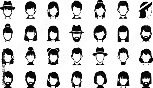 Avatar profile icons set, male and female faces, hairstyles and hats, minimal black vector, silhouette collection, isolated on white background