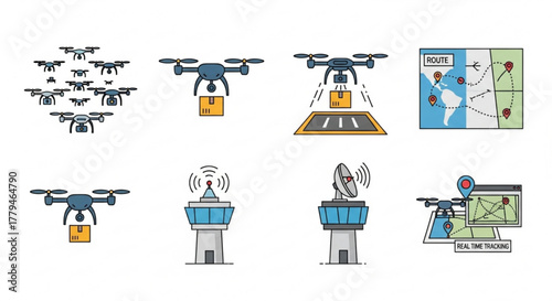 Illustration of drone logistics, realtime tracking, and delivery concept of future technology and automation