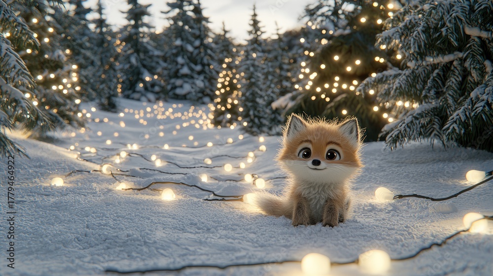 Obraz premium Cute fox sitting on a snowy path surrounded by glowing lights in a winter forest at dusk