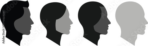 Male and female side profile avatars, human head silhouettes, minimal vector icons, diverse face shapes, grey and black variations, isolated