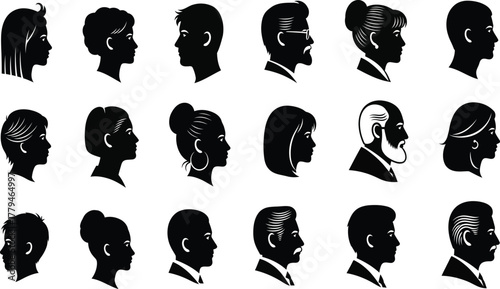 Silhouette profile avatars of diverse people, men and women, side view heads, hairstyle variations, adults and seniors, vector icon set