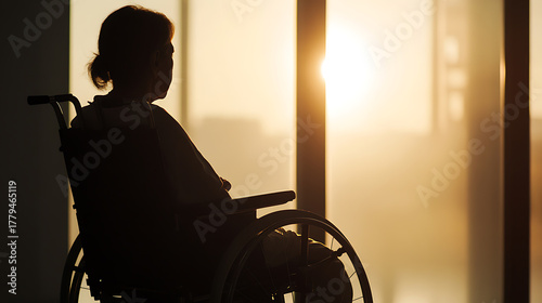 Silhouette of a woman in a wheelchair looks out a bright window, evoking themes of contemplation, hope, and resilience. The light adds warmth, emphasizing peace.