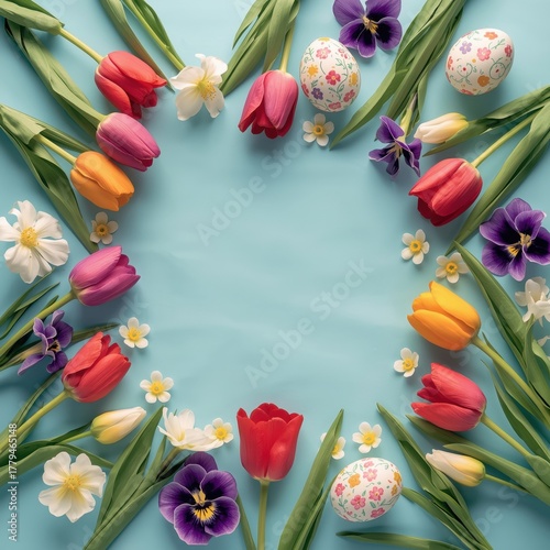 Colorful spring flowers and easter eggs arranged in a circle on a light blue background