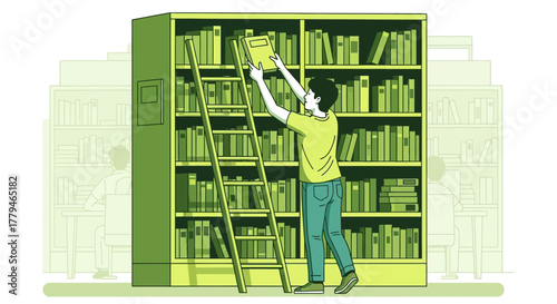 Seeking Knowledge: A Person Retrieving a Book from Library Shelves' Highest Section