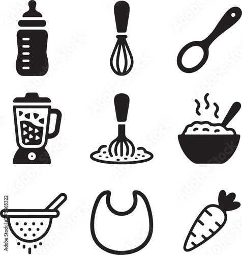 Set of Nine Baby Food Preparation Utensils Silhouette on White Background vector