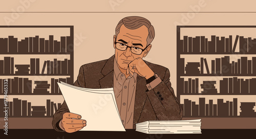 Serious Professional Reviewing Documents in Library with Bookshelves Surrounding Him