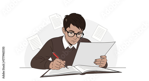 Serious Student Deeply Concentrating on Writing with Documents and a Textbook