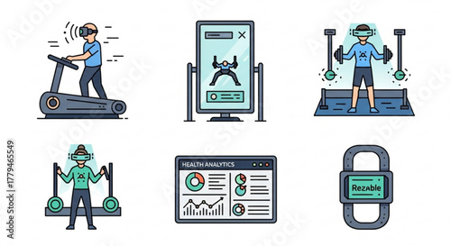 Set of vector icons representing virtual reality fitness, autonomous vehicles and health analytics modern technology concept