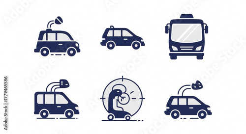Set of vector icons representing autonomous vehicles modern technology concept for transportation and delivery service